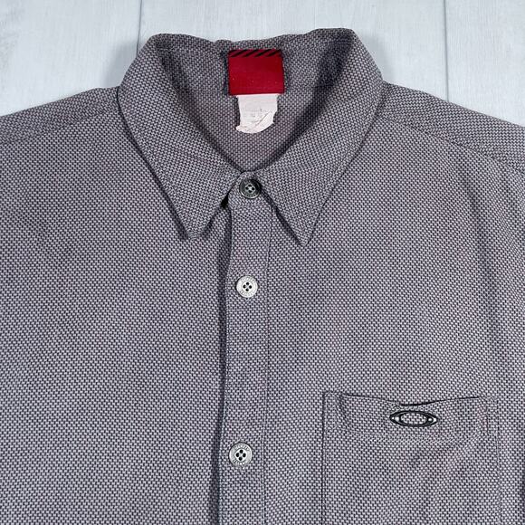 Oakley Mens Large Button Up Short Sleeve Shirt Pocket Metal Logo Purple Gray - Picture 2 of 12